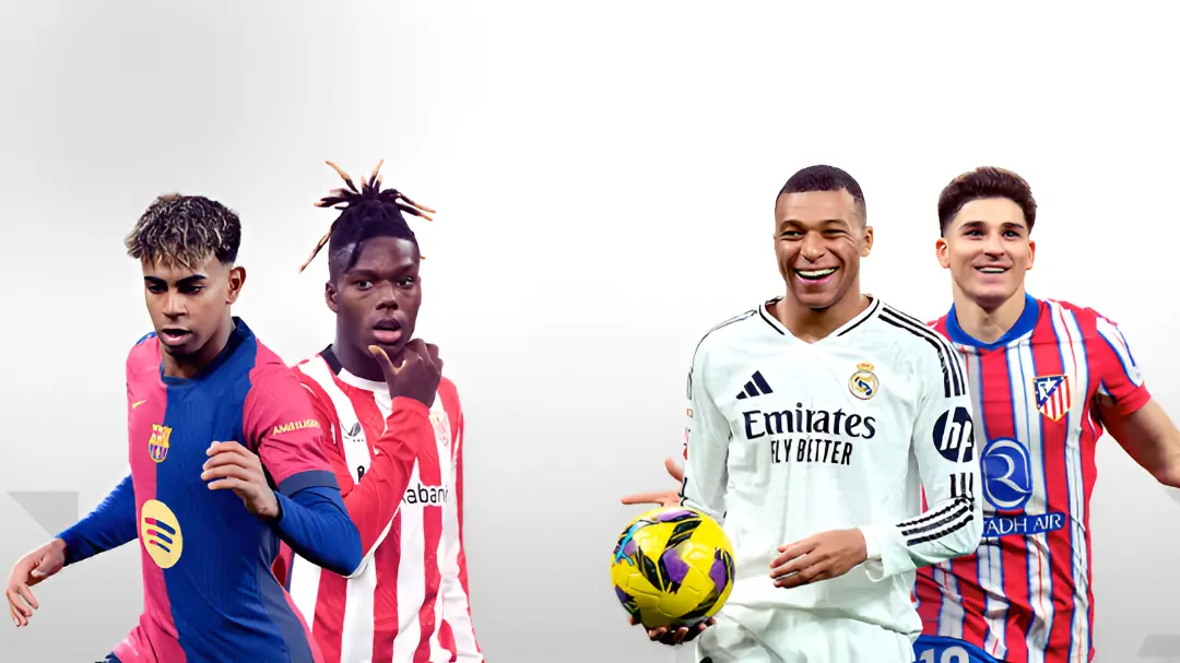 Jugadores de LaLiga EA Sports — Lamine Yamal, Nico Williams, Kylian Mbappé y Julián Álvarez